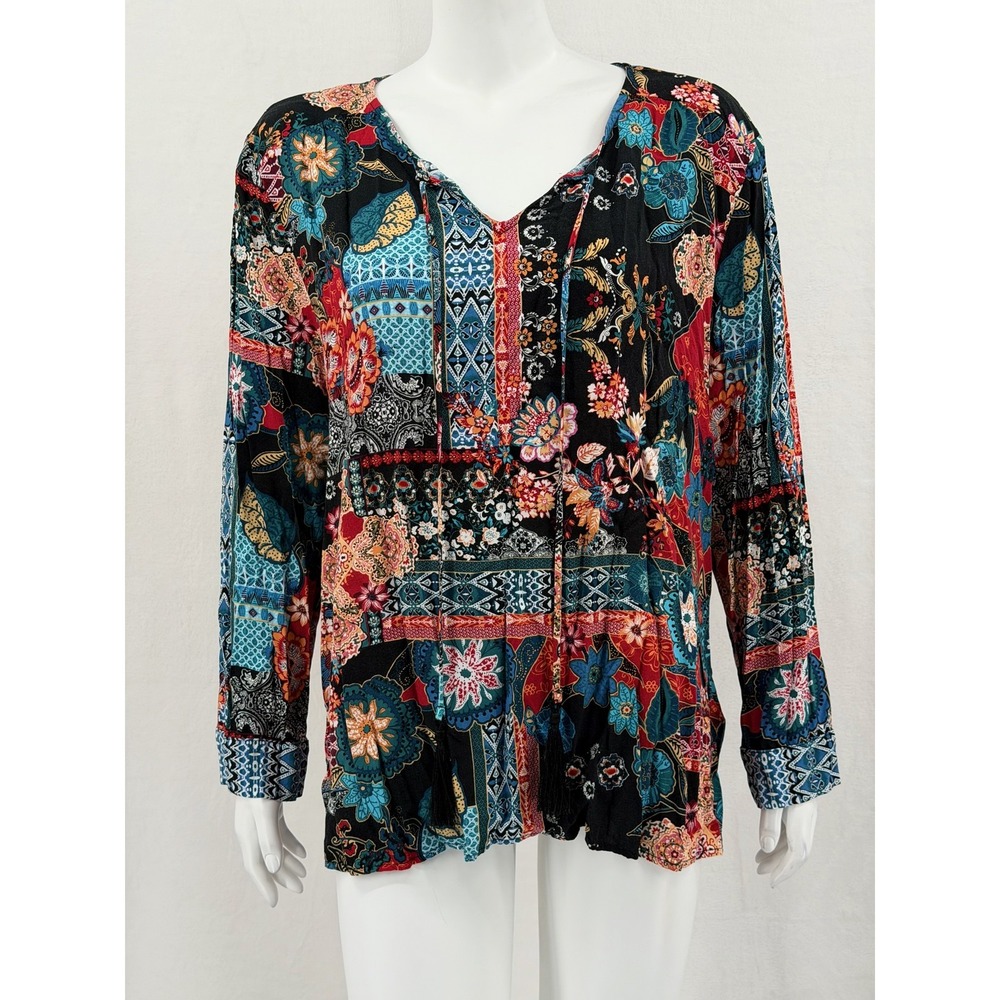 Laurel Grey Top Womens XXL Black Boho Floral Patchwork Peasant Hippie Colorful